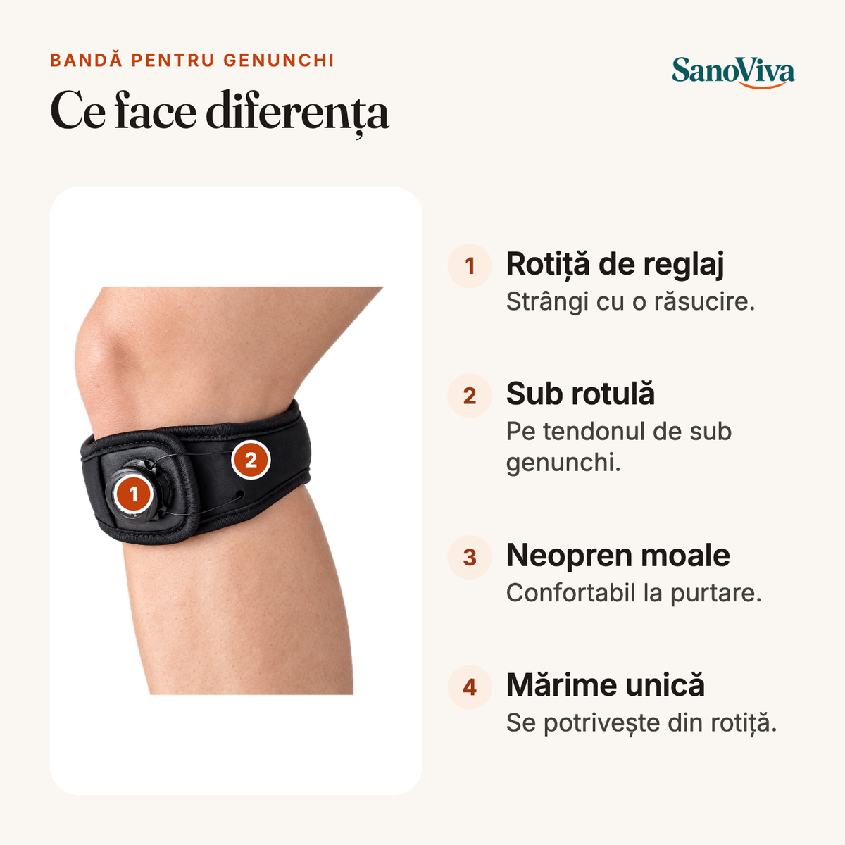 Bandă pentru genunchi – ce face diferența: Rotiță de reglaj, Sub rotulă, Neopren moale, Mărime unică