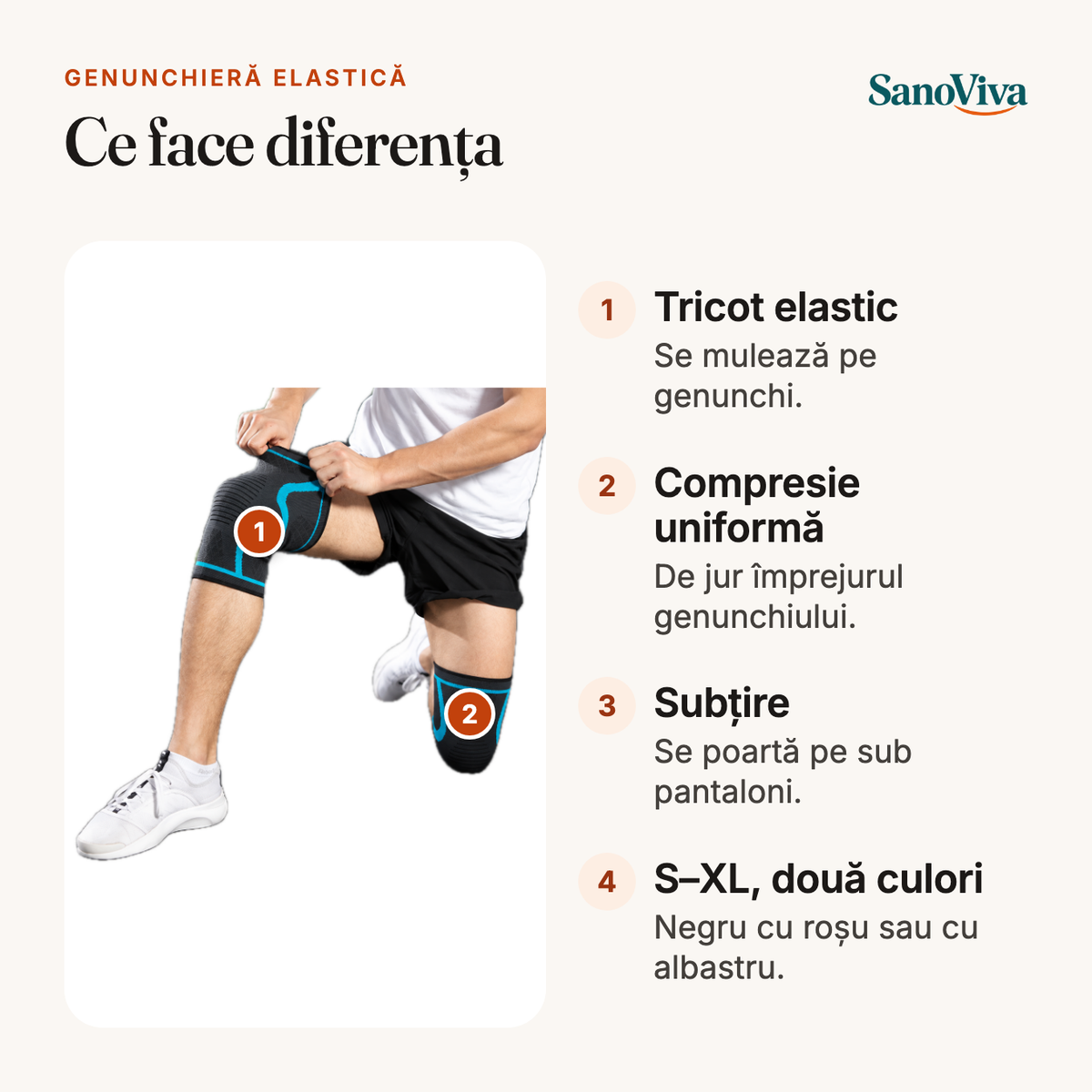 Genunchieră elastică – ce face diferența: Tricot elastic, Compresie uniformă, Subțire, S–XL, două culori